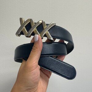 Vintage 90s Smooth Navy Genuine Leather Belt Gold X Buckle - Size S